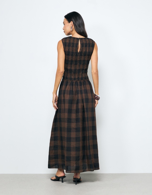 AERE - Inka Linen Gingham Shirred Maxi Dress