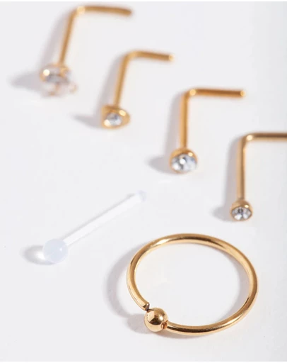 Lovisa - Gold Surgical Steel Mixed Diamante Nose Stud 6-Pack