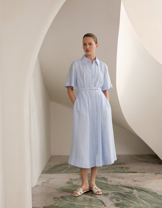 Trenery - Linen Belted Short Sleeve Shirt Dress in Ice Blue
