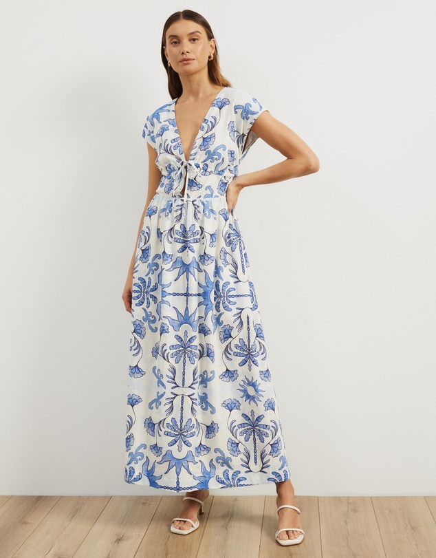 Atmos&Here - Anna Tie Front Linen Blend Maxi Dress