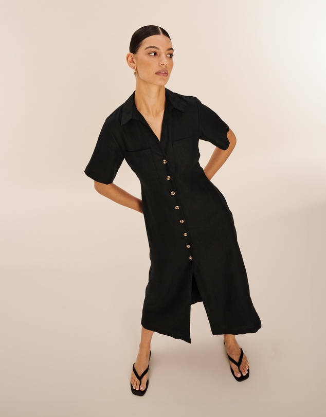 AERE - Opal Linen Open Collar Midi Dress