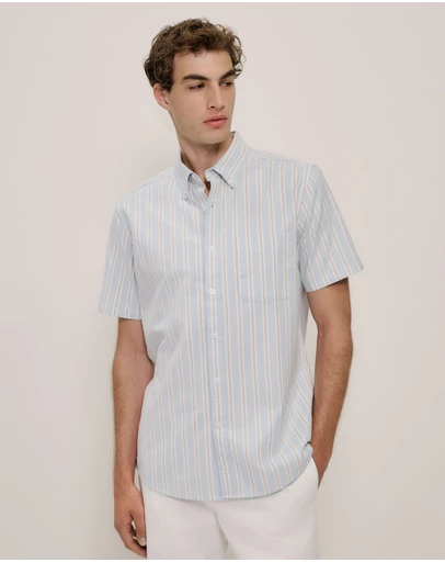 Trenery - Oxford Stripe Short Sleeve Shirt in Sage Green