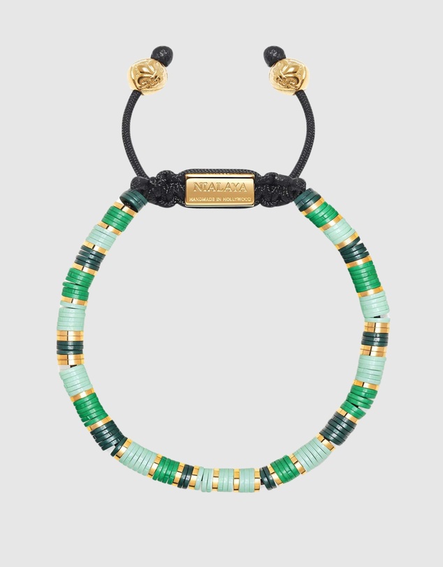 Nialaya Jewellery - Men's Beaded Bracelet with Green and Gold Disc Beads
