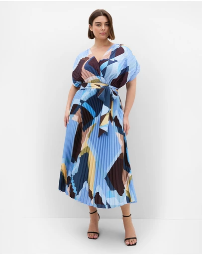 City Chic - Plus size Hailey Geo Abstract Print Pleat Dress - blue