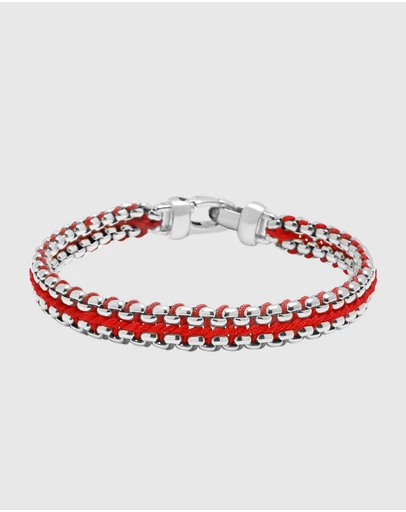 Nialaya Jewellery - Men's Red Woven 8mm Box Chain Bracelet in Silver