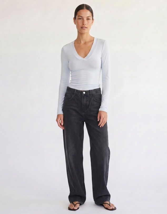 Style Addict - Margaux Deep V Henley Top - Baby Blue