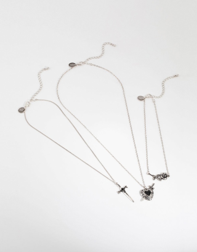 Lovisa - Antique Silver Enamel Heart Layered Necklaces