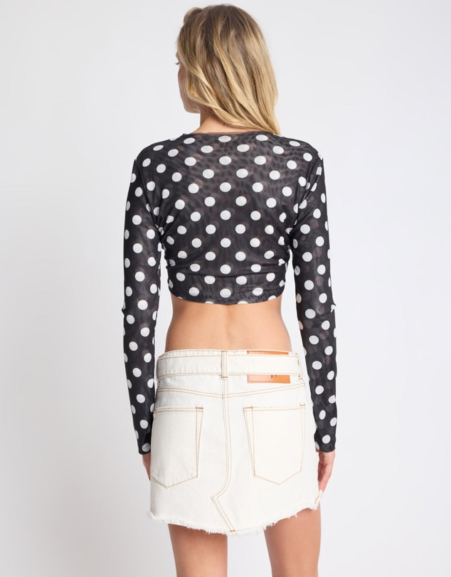 ONE TEASPOON - Polka Darling Sheer Mesh Longsleeve Crop Top - Black & White Polka Dot