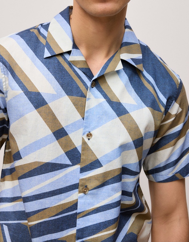 Trenery - Cotton Abstract Stripe Short Sleeve Shirt in Duck Egg Blue