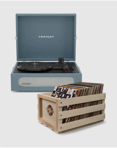 Crosley - Crosley Voyager Bluetooth Portable Turntable + Bundled Record Storage Crate - Washed Blue