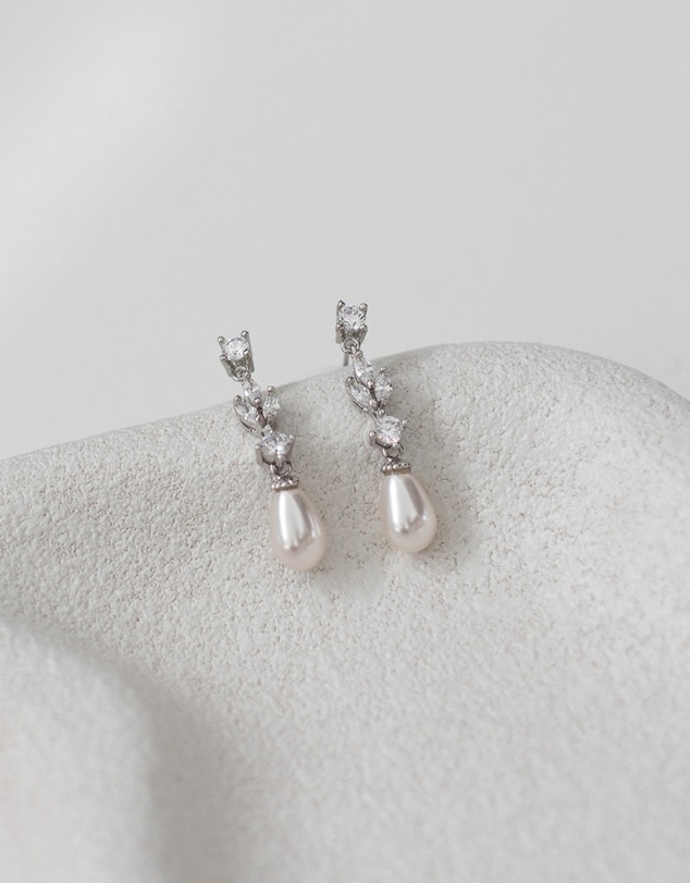 The White Collection - Hazel - Silver Pearl Bridal Drop Earrings