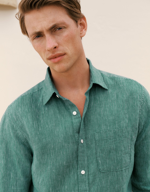Trenery - Regular Fit Linen Fine Stripe Shirt in Deep Green