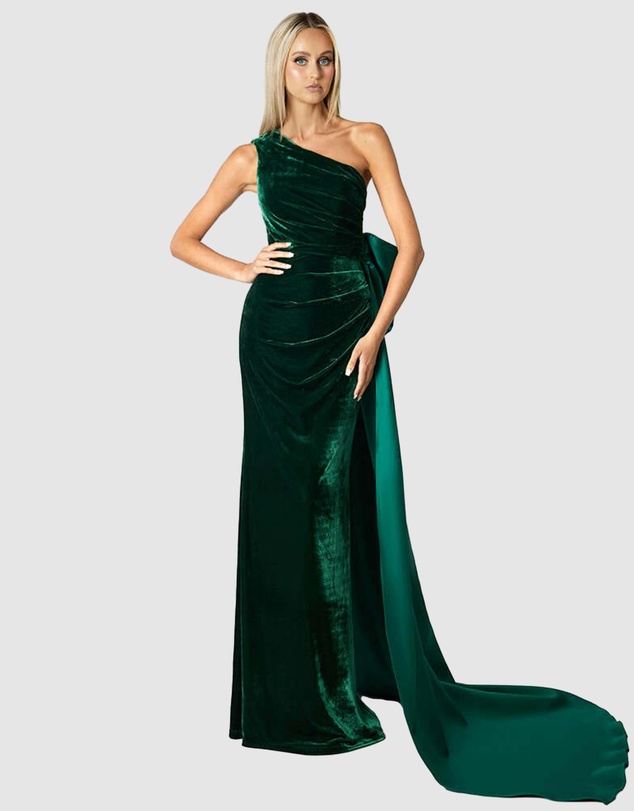 Bariano - Kalista One Shoulder Gown With Back Bow Train