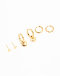 Lovisa - Waterproof Gold Plated Stainless Steel Heart Huggies & Classic Stud Earrings 3-Pack
