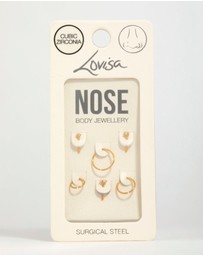 Lovisa - Gold Plated Surgical Steel Cubic Zirconia Stud & Hoop Nose Piercings 6-Pack