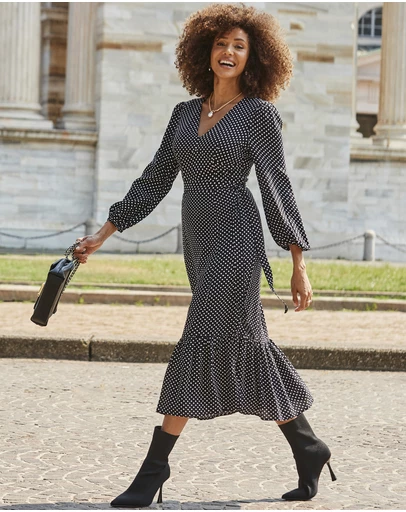 Sosandar - Black Spot Print Belted Midi Dress