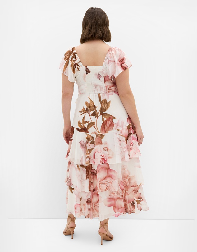 City Chic - Plus size Sienna Petal Print Tier Maxi Dress - cream