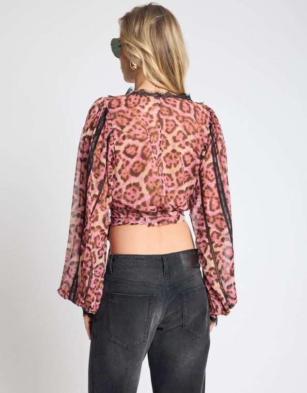 ONE TEASPOON - Songbird Sheer Balloon Sleeve Tie-Up Blouse - Pink Leopard