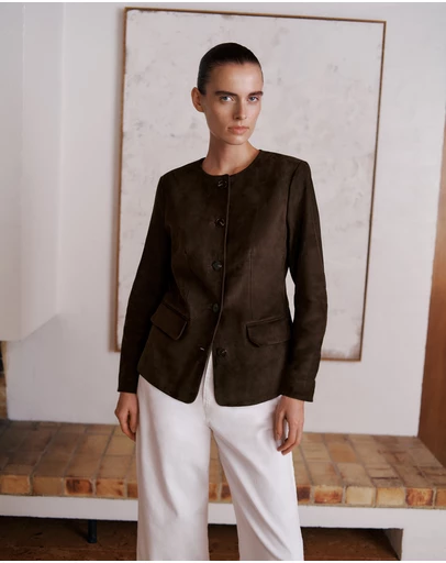 Trenery - Suede Collarless Jacket in Coffee Bean