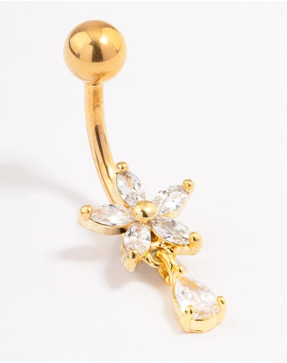 Lovisa - Gold Plated Surgical Steel Cubic Zirconia Flower Pear Threadless Belly Bar