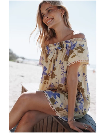 Petal & Pup - Cheya Off Shoulder Mini Dress - Green Purple Floral