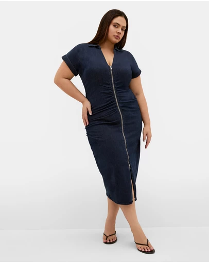 City Chic - Plus size Ruby Denim Zip Front Dress - dark wash
