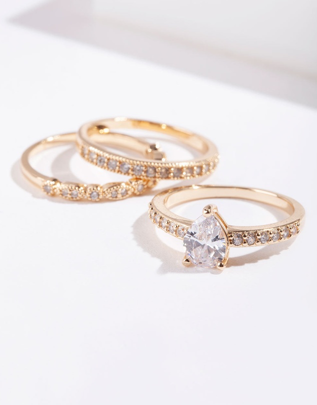Lovisa - Gold Teardrop Cubic Zirconia Engagement Ring Stack