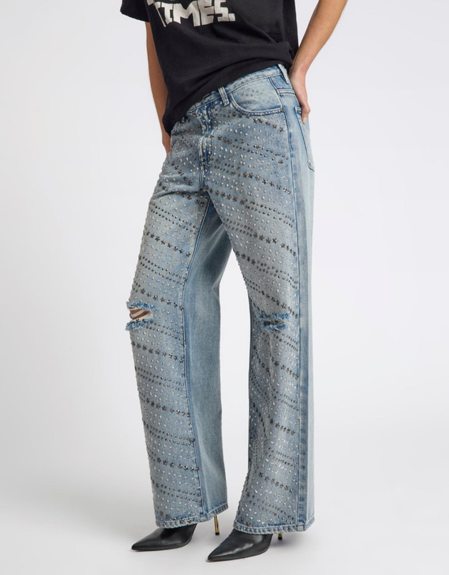 ONE TEASPOON - 25th Anniversary Limited Edition Jackson Mid Waist Wide Leg Studded Denim Jeans - Salty Dog