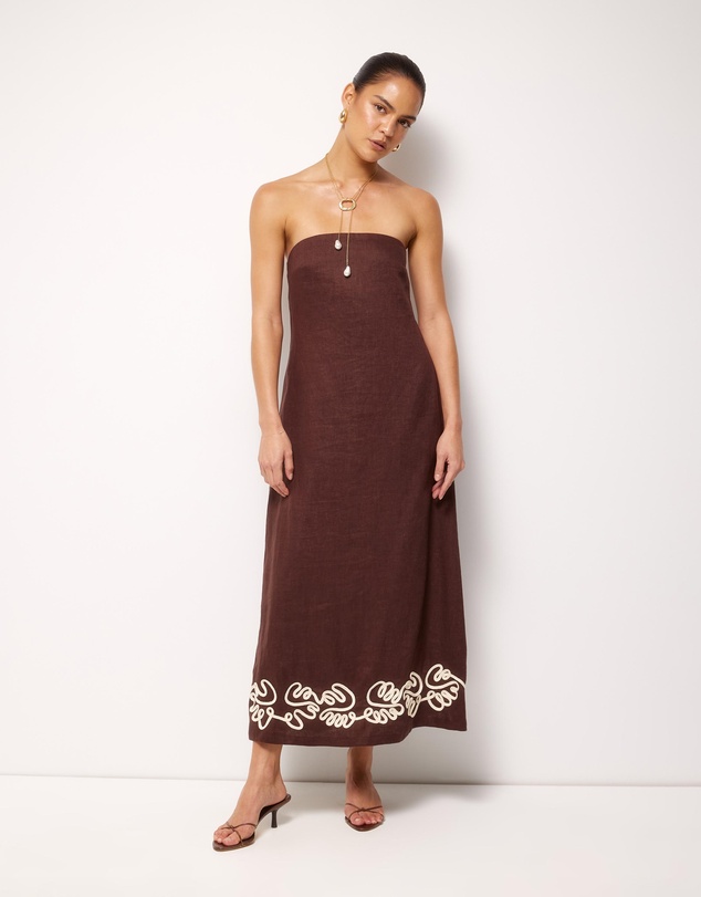 AERE - Quinn Embroidered Linen Midi Dress