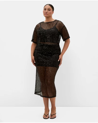 City Chic - Plus size Stardust Sequin Maxi Skirt - black