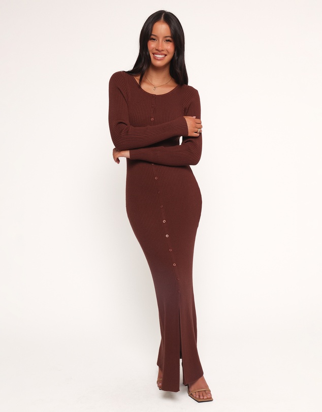 Petal & Pup - Marshall Button Through Knit Maxi Dress - Chocolate