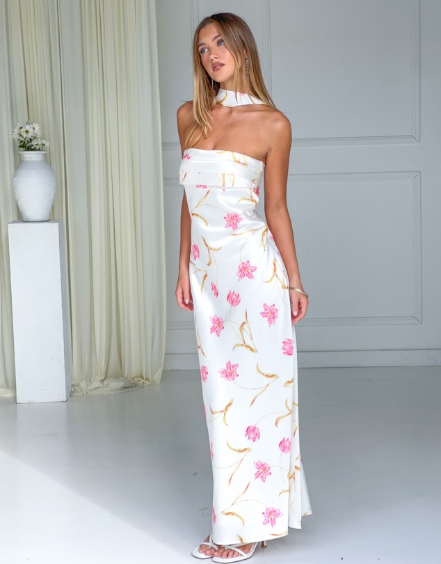 Beginning Boutique - Icelynn Cream Floral Print Strapless Satin Maxi Dress