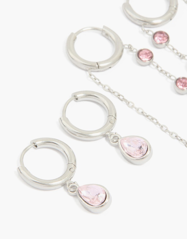 Lovisa - Waterproof Stainless Steel Pink Cubic Zirconia Chain Droplet & Classic Huggie Earrings 2-Pack