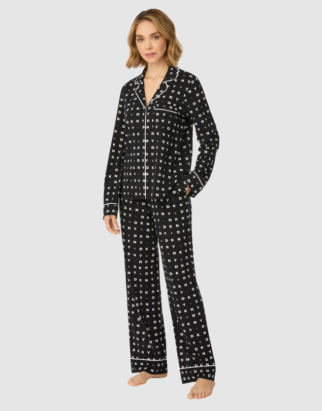 DKNY - Cotton & Viscose Jersey Button-Up Long Sleeve Long Pyjama Set