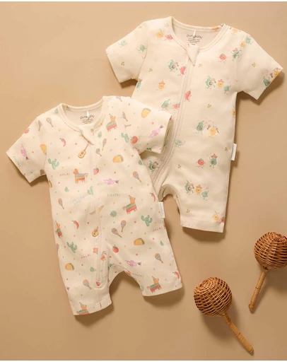 Purebaby - 2 Pack Short Sleeve Printed Growsuit -Babies