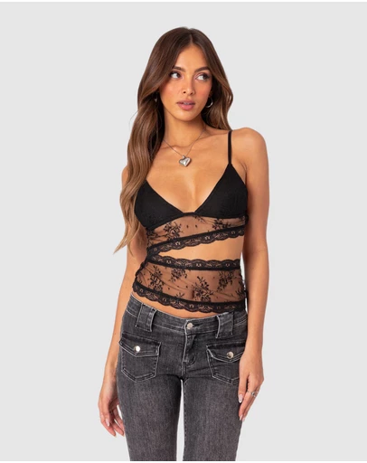 EDIKTED - Spice Cut Out Sheer Lace Tank Top