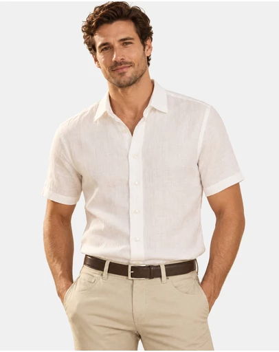 Henry Bucks - HENRY SARTORIAL Linen Classic Fit Short Sleeve Shirt WHITE