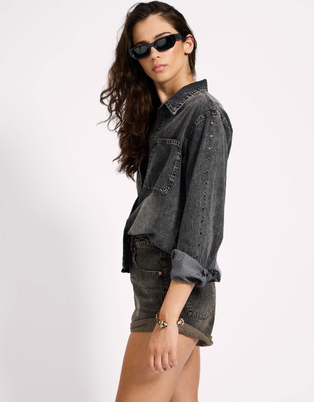 ONE TEASPOON - Nixie Eyelet Classic Fit Denim Shirt - Charcoal Black