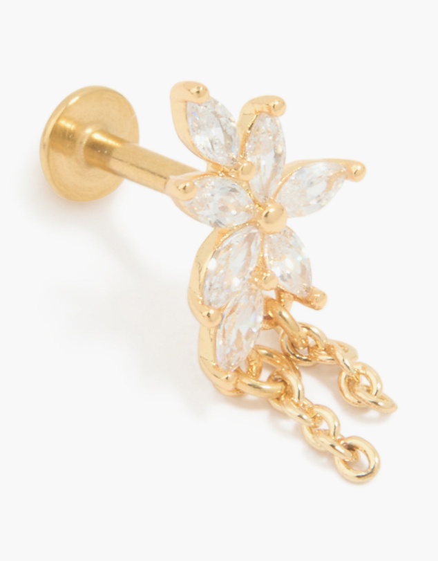 Lovisa - Gold Plated Surgical Steel Cubic Zirconia Leaf Chain Flat Back Stud