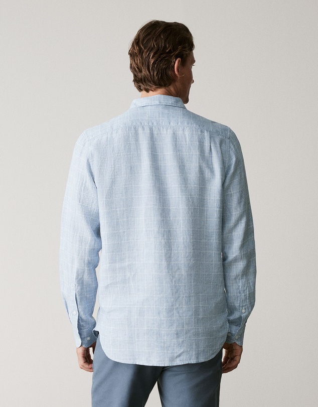 Trenery - Tailored Fit Linen Prince Of Wales Check Shirt in Faded Blue