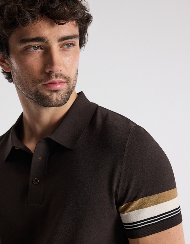 Calibre - Contrast Cuff Technical Knit Polo Chocolate