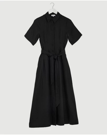 Revibe - Repaired AERE Orien Tuck Waist Linen Shirt Dress - AU 8