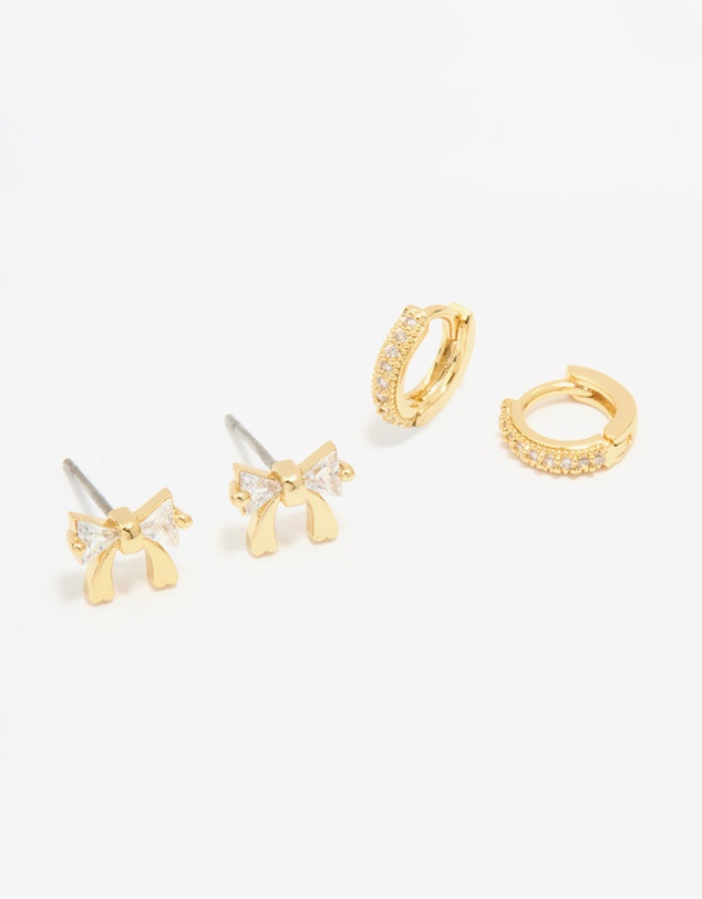 Lovisa - Gold Plated Cubic Zirconia Bow Studs & Hoop Earrings Pack