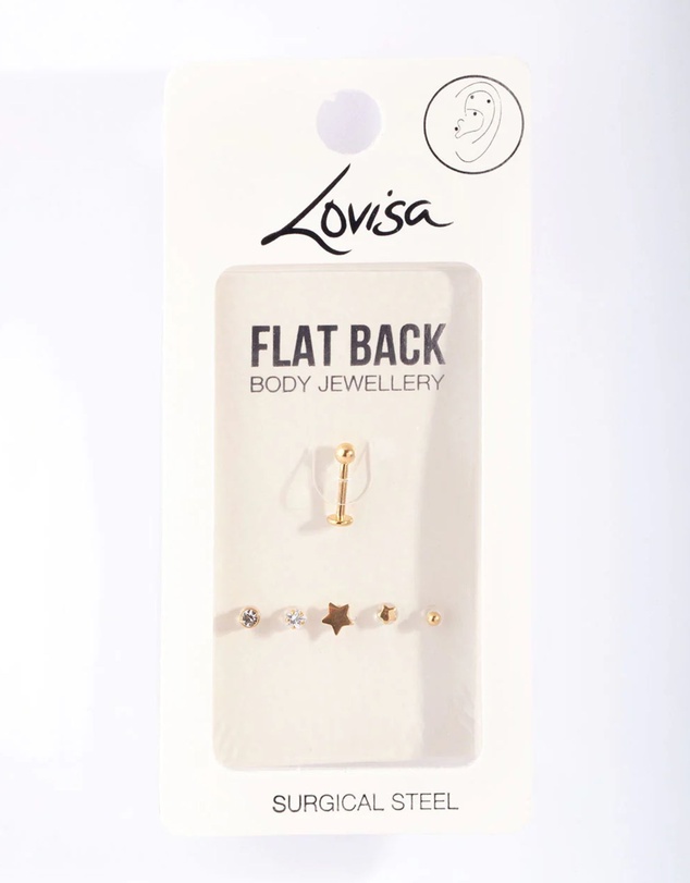 Lovisa - Gold Plated Surgical Steel Flat Back Single Bar with Interchangeable Star Ends 6-Pack