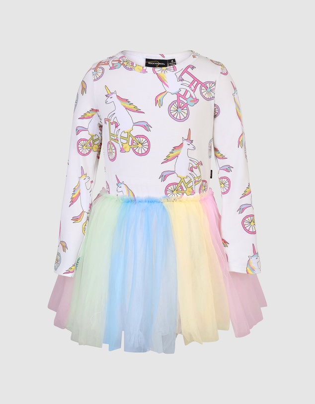 Rock Your Kid - Unicorn Bike Circus Long Sleeve Dress in Cream