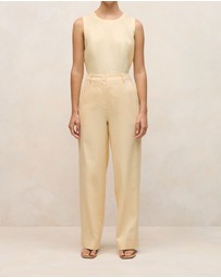 Trenery - Linen Cotton Herringbone Tailored Wide Leg Pant in Butter