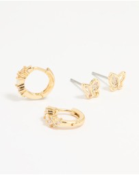 Lovisa - Gold Plated Cubic Zirconia Butterfly Huggie & Stud Earrings 2-Pack