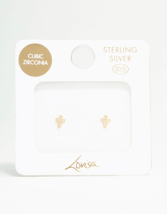 Lovisa - Gold Plated Sterling Silver Mini Diamante Cross Stud Earrings