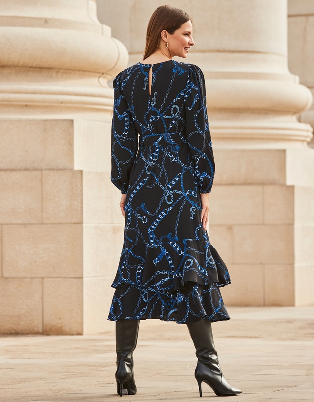 Sosandar - Chain Print Ruffle Hem Fit & Flare Dress