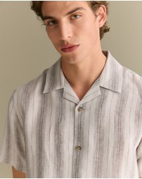 Trenery - Regular Fit Linen Tonal Stripe Short Sleeve Shirt in Flax